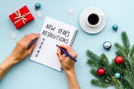 2021 new year resolutions with christmas decorations overhead view