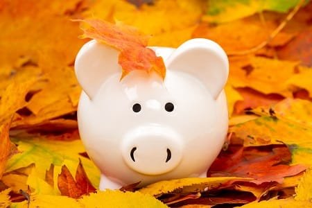 White,Ceramic,Piggy,Bank,With,Colorful,Autumn,Foliage